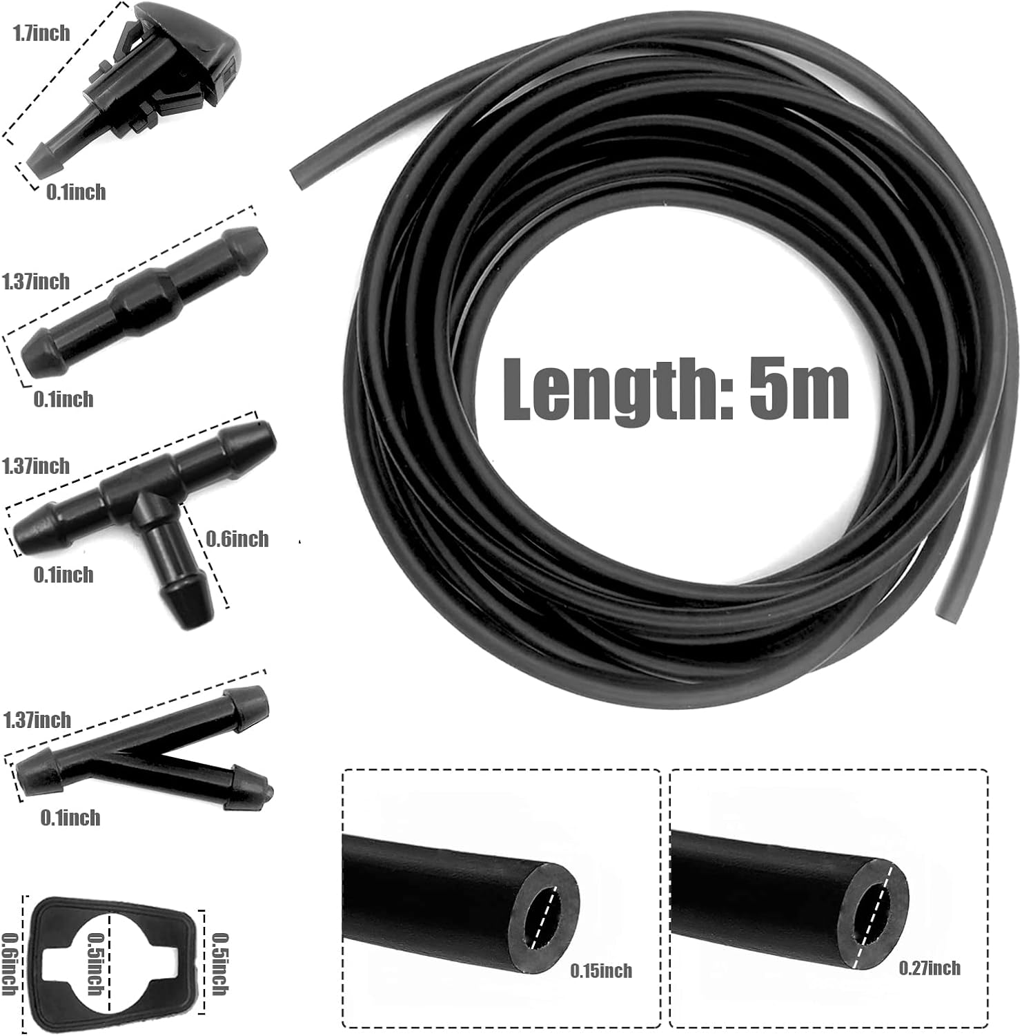 Kit tubo flessibile lavavetri, tubo flessibile lavavetri da 5 m + 12 connettori per tubi + 2 ugelli a ventaglio + 2 guarnizioni in gomma, collega la pompa dell'acqua e gli ugelli dell'auto, adatto alla maggior parte dei tubi lavavetri per auto - Imagen 3